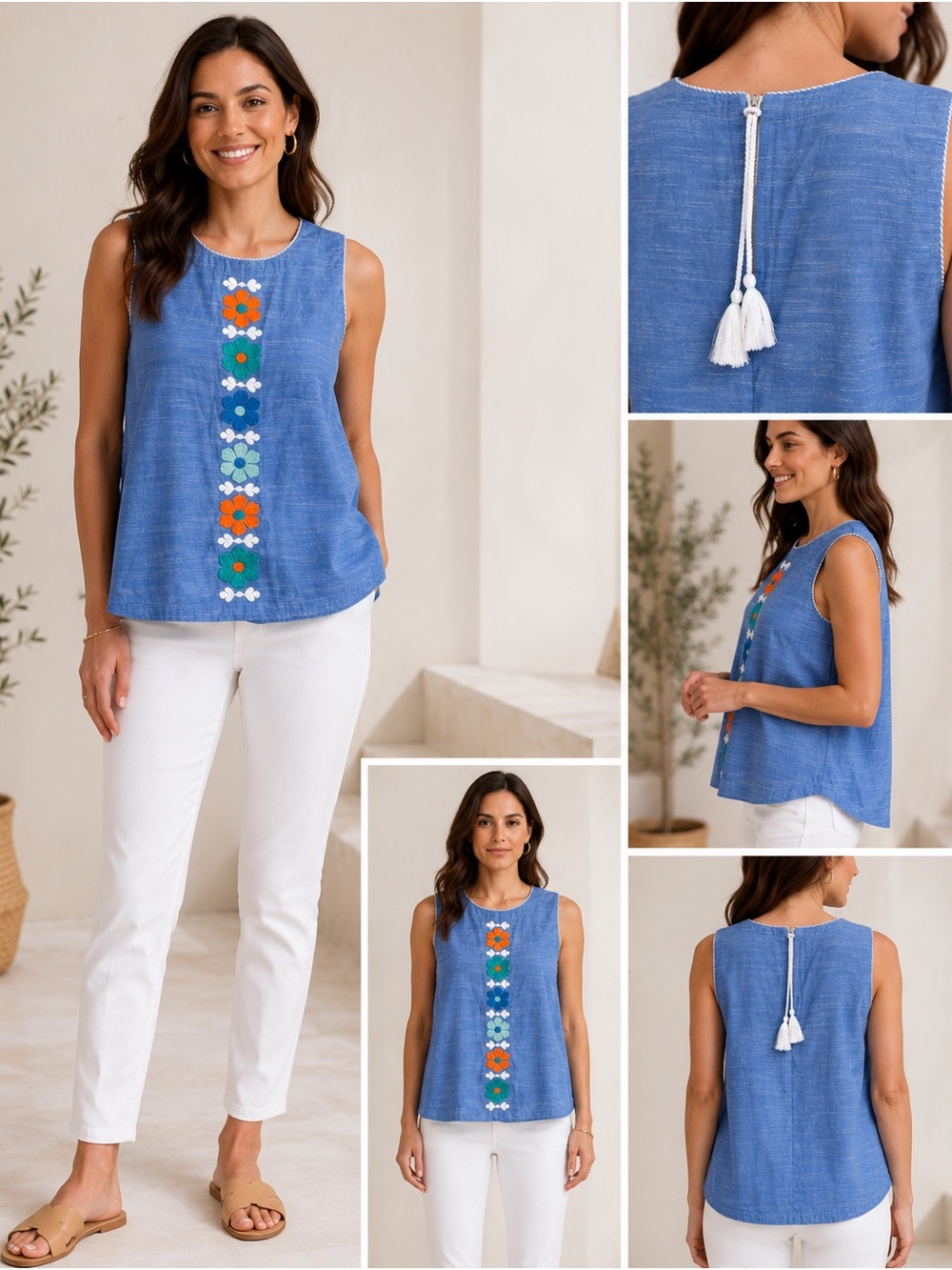 Sleeveless Blue Embroidered Cotton Top
